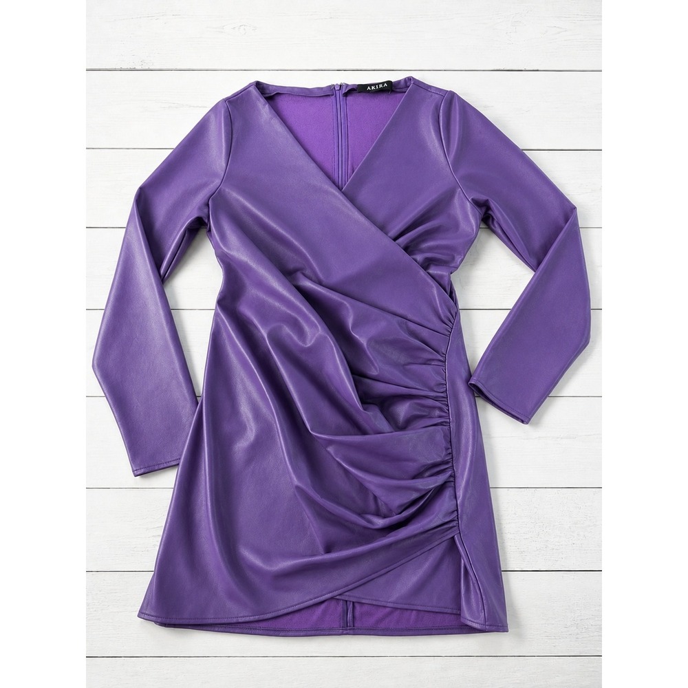 AKIRA Faux Leather Ruched Mini Dress Purple V-Neck Long Sleeve Party S 4282